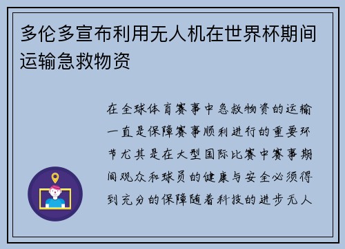 多伦多宣布利用无人机在世界杯期间运输急救物资